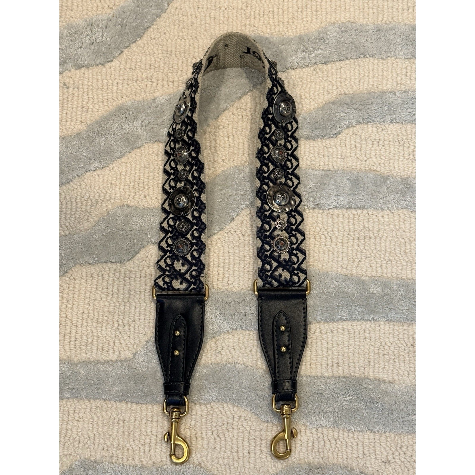 Christian Dior Shoulder Strap With Medallion Canvas Navy/Gold Hardware